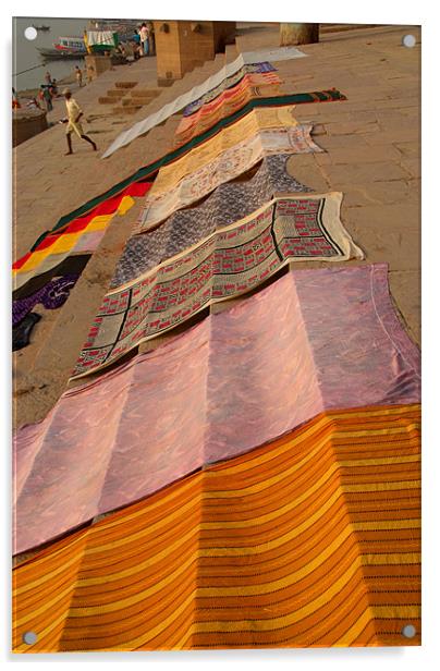 Colourful Saris Drying on the Ghats, Varanasi, Ind Acrylic by Serena Bowles