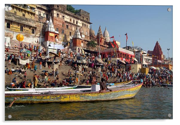 Sunday Bathing in Ganges at Ahilyabai Ghat, Varana Acrylic by Serena Bowles