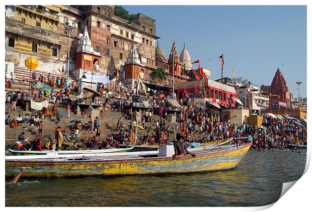 Sunday Bathing in Ganges at Ahilyabai Ghat, Varana Print by Serena Bowles