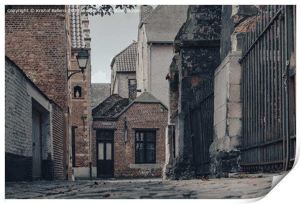 Low angle view of a street and houses in the Beguinage of Tongeren, Belgium Print by Kristof Bellens