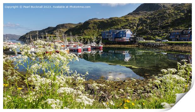 Fishing Boats in Harbour Norway panorama Print by Pearl Bucknall