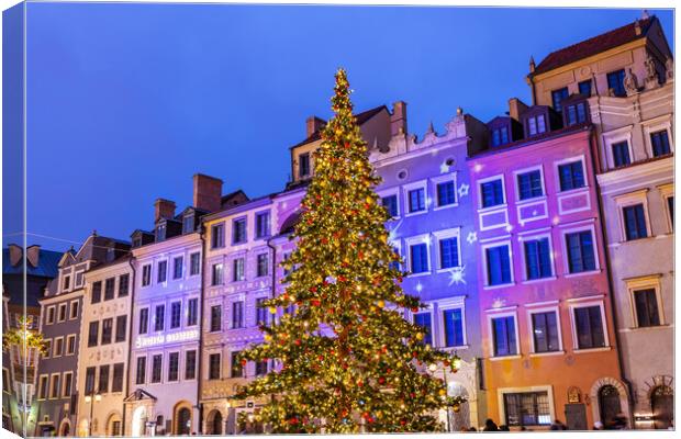Christmas Tree And Old Town Houses In Warsaw Canvas Print by Artur Bogacki