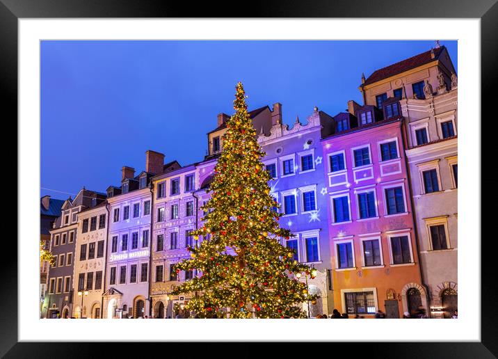 Christmas Tree And Old Town Houses In Warsaw Framed Mounted Print by Artur Bogacki