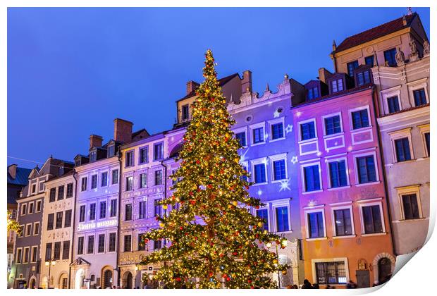 Christmas Tree And Old Town Houses In Warsaw Print by Artur Bogacki