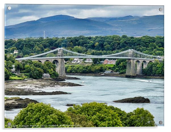 Crossing the Iconic Menai Bridge Anglesey Acrylic by Roger Mechan
