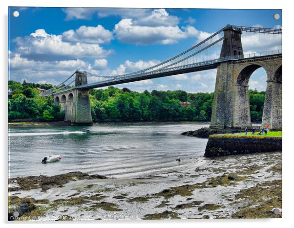 Menai suspension bridge Wales from the foreshore Acrylic by Roger Mechan