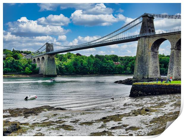 Menai suspension bridge Wales from the foreshore Print by Roger Mechan