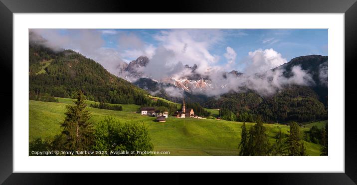 Santa Maddalena - Valley Val di Funes - Dolomites - Panorama Framed Mounted Print by Jenny Rainbow