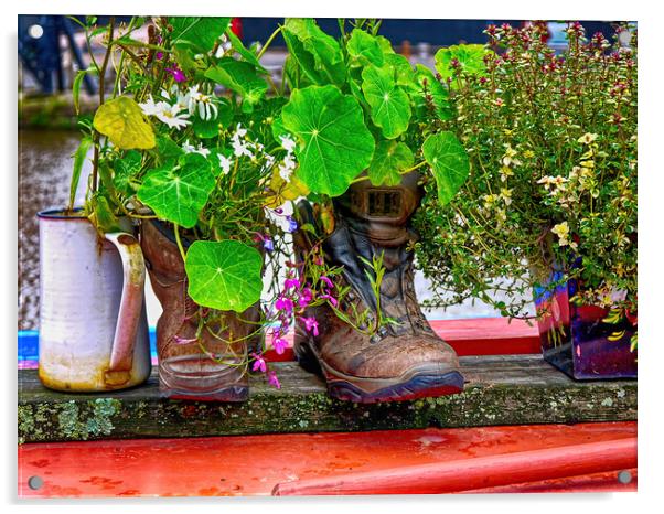 Trekking boots recycled as a cottage garden Acrylic by Steve Painter