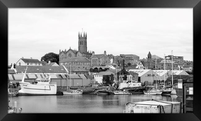 newlyn harbour Penzance Cornwall,black and white Framed Print by kathy white