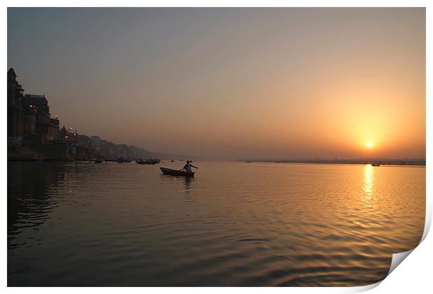 Sunrise on the Ganges, Varanasi, India Print by Serena Bowles