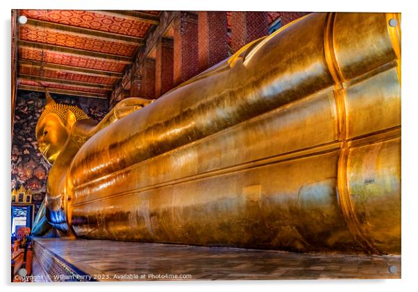  Long Reclining Buddha Front Wat Pho Bangkok Thailand Acrylic by William Perry