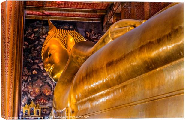  Long Reclining Buddha Front Wat Pho Bangkok Thailand Canvas Print by William Perry