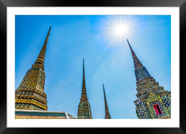 Ceramic Chedis Spires Pagodas Sun Wat Pho Bangkok Thailand Framed Mounted Print by William Perry