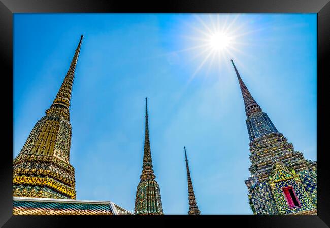 Ceramic Chedis Spires Pagodas Sun Wat Pho Bangkok Thailand Framed Print by William Perry