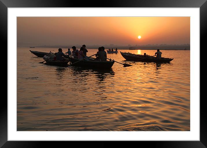 Tourists Enjoying Sunrise on the Ganges Framed Mounted Print by Serena Bowles