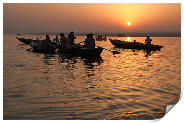 Tourists Enjoying Sunrise on the Ganges Print by Serena Bowles