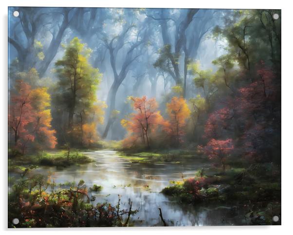 Autumnal Mist: A Pond's Enigma Acrylic by Roger Mechan