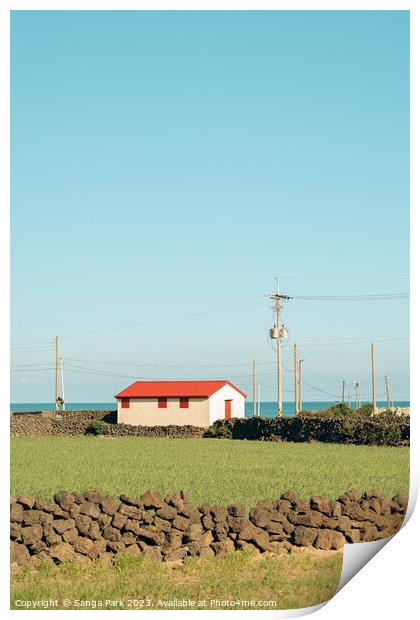 House and green field at Jeju island in Korea Print by Sanga Park