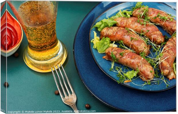 Fried sausages with glass of beer Canvas Print by Mykola Lunov Mykola