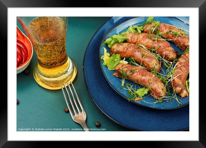 Fried sausages with glass of beer Framed Mounted Print by Mykola Lunov Mykola