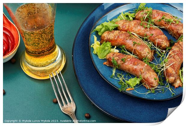 Fried sausages with glass of beer Print by Mykola Lunov Mykola