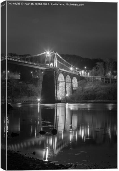 Illuminated Menai Bridge: Reflections at Night Canvas Print by Pearl Bucknall