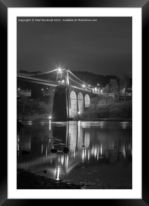 Illuminated Menai Bridge: Reflections at Night Framed Mounted Print by Pearl Bucknall