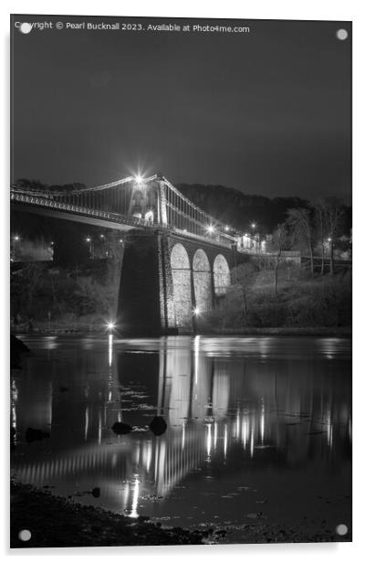 Illuminated Menai Bridge: Reflections at Night Acrylic by Pearl Bucknall