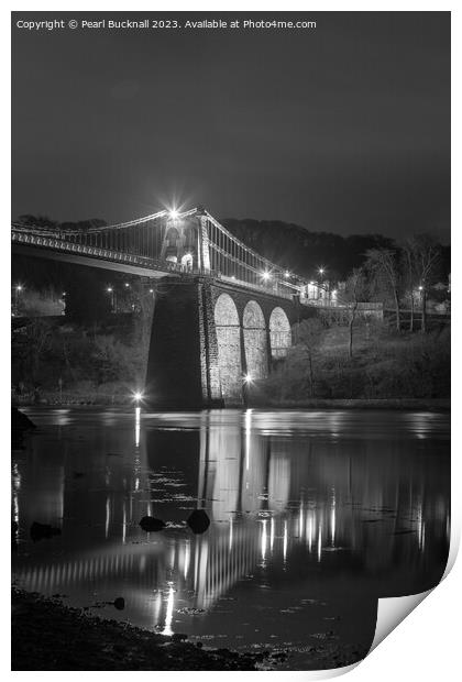 Illuminated Menai Bridge: Reflections at Night Print by Pearl Bucknall