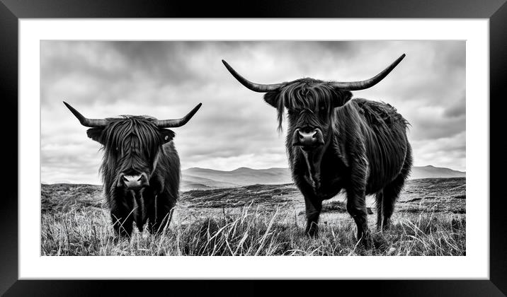 Highland Cows in black and white Framed Mounted Print by Guido Parmiggiani