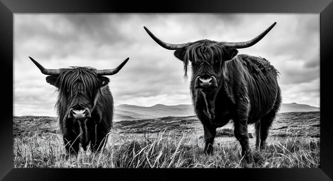 Highland Cows in black and white Framed Print by Guido Parmiggiani