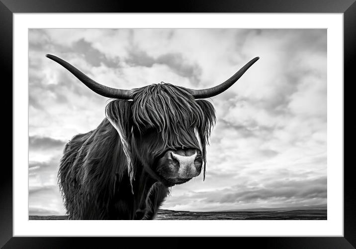 Highland Cow in black and white Framed Mounted Print by Guido Parmiggiani