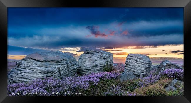 Sunset Tinted Clouds Over Moorland Heather Framed Print by Inca Kala