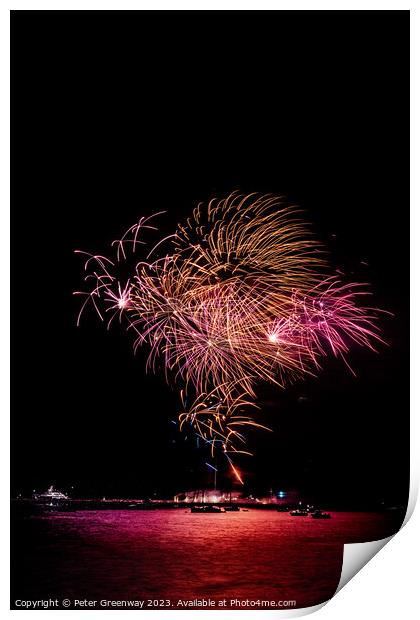 Fireworks Over The Harbour Water In Plymouth Print by Peter Greenway
