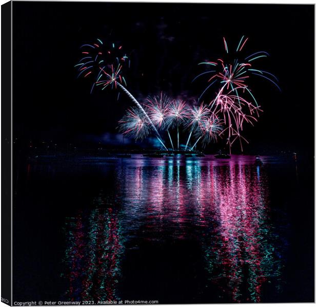 Fireworks Over The Water In Plymouth Harbour Canvas Print by Peter Greenway