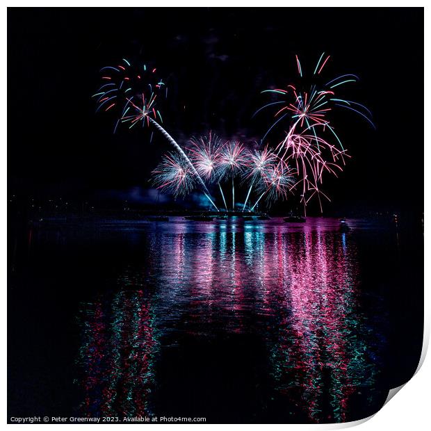 Fireworks Over The Water In Plymouth Harbour Print by Peter Greenway