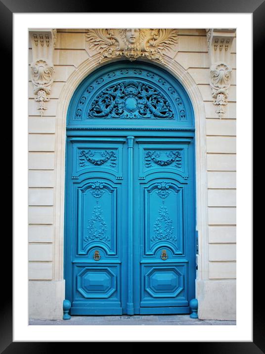 Old fashioned front door entrance, white facade and blue door, Paris, France Framed Mounted Print by Virginija Vaidakaviciene