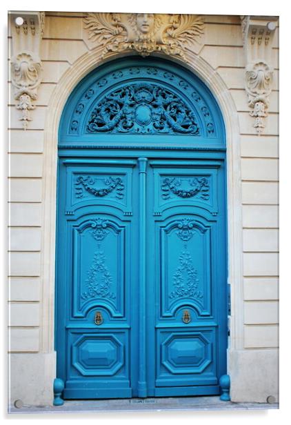 Old fashioned front door entrance, white facade and blue door, Paris, France Acrylic by Virginija Vaidakaviciene