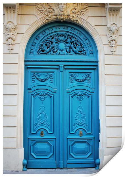 Old fashioned front door entrance, white facade and blue door, Paris, France Print by Virginija Vaidakaviciene