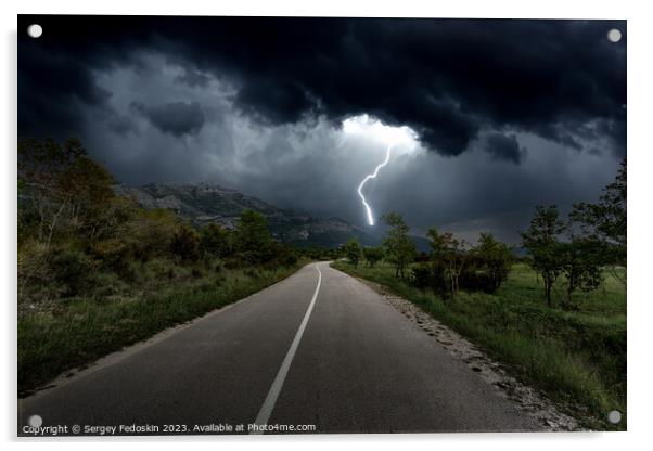 Lightning over mountains road Acrylic by Sergey Fedoskin
