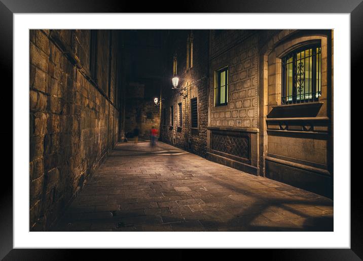 Bracelona Gothic Quarter By Night Framed Mounted Print by Artur Bogacki