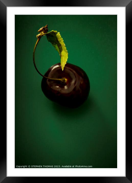 Cherry with leaf on green Framed Mounted Print by STEPHEN THOMAS