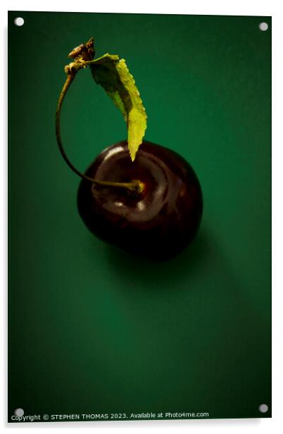 Cherry with leaf on green Acrylic by STEPHEN THOMAS
