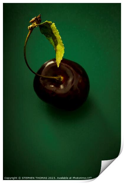 Cherry with leaf on green Print by STEPHEN THOMAS