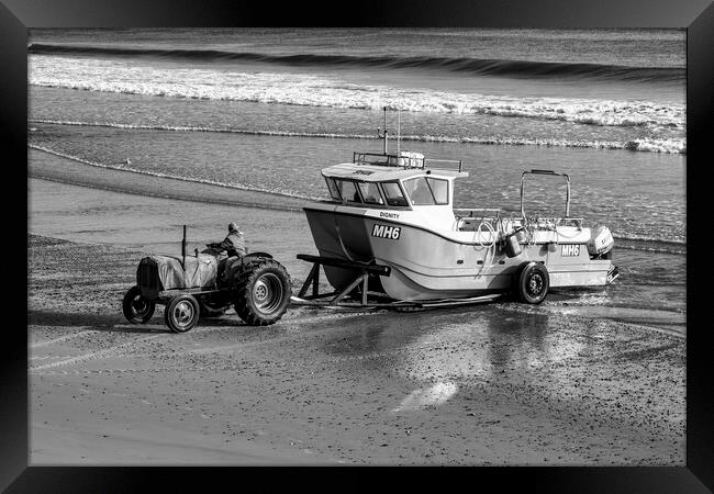 Redcar Beach Tractor Black and White Framed Print by Tim Hill