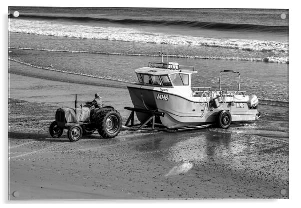 Redcar Beach Tractor Black and White Acrylic by Tim Hill