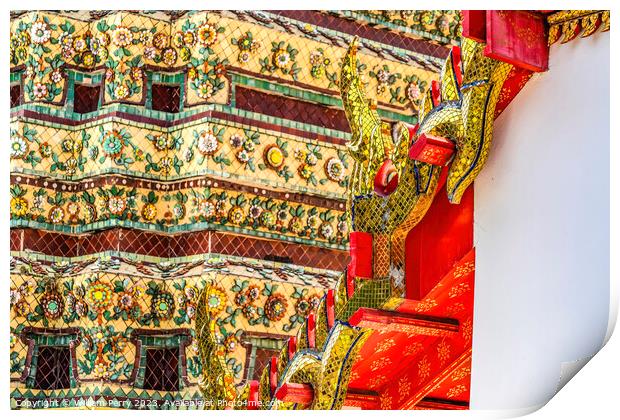 Golden Rooftop Decoration Ceramic Chedi Pagoda Wat Pho Bangkok  Print by William Perry