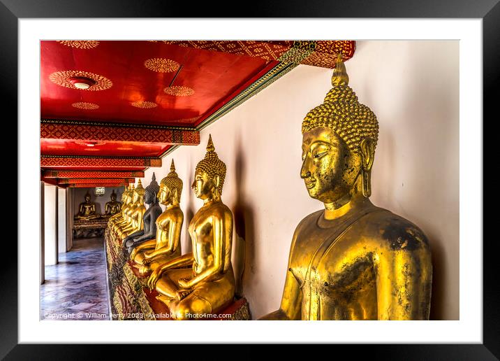 Golden Buddhas Line Phra Rabiang Wat Pho Bangkok Thailand Framed Mounted Print by William Perry