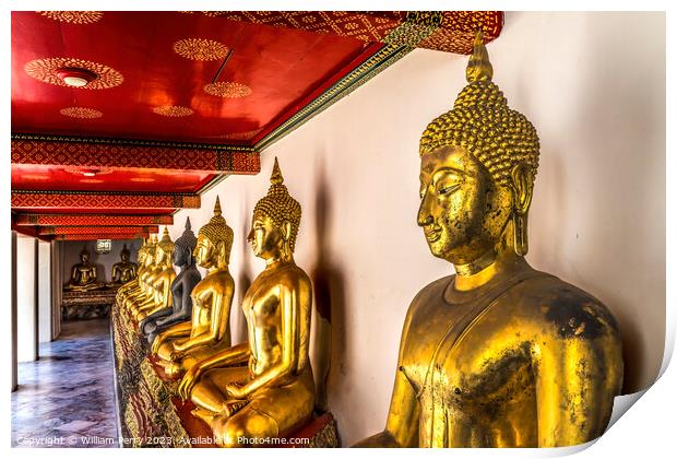 Golden Buddhas Line Phra Rabiang Wat Pho Bangkok Thailand Print by William Perry